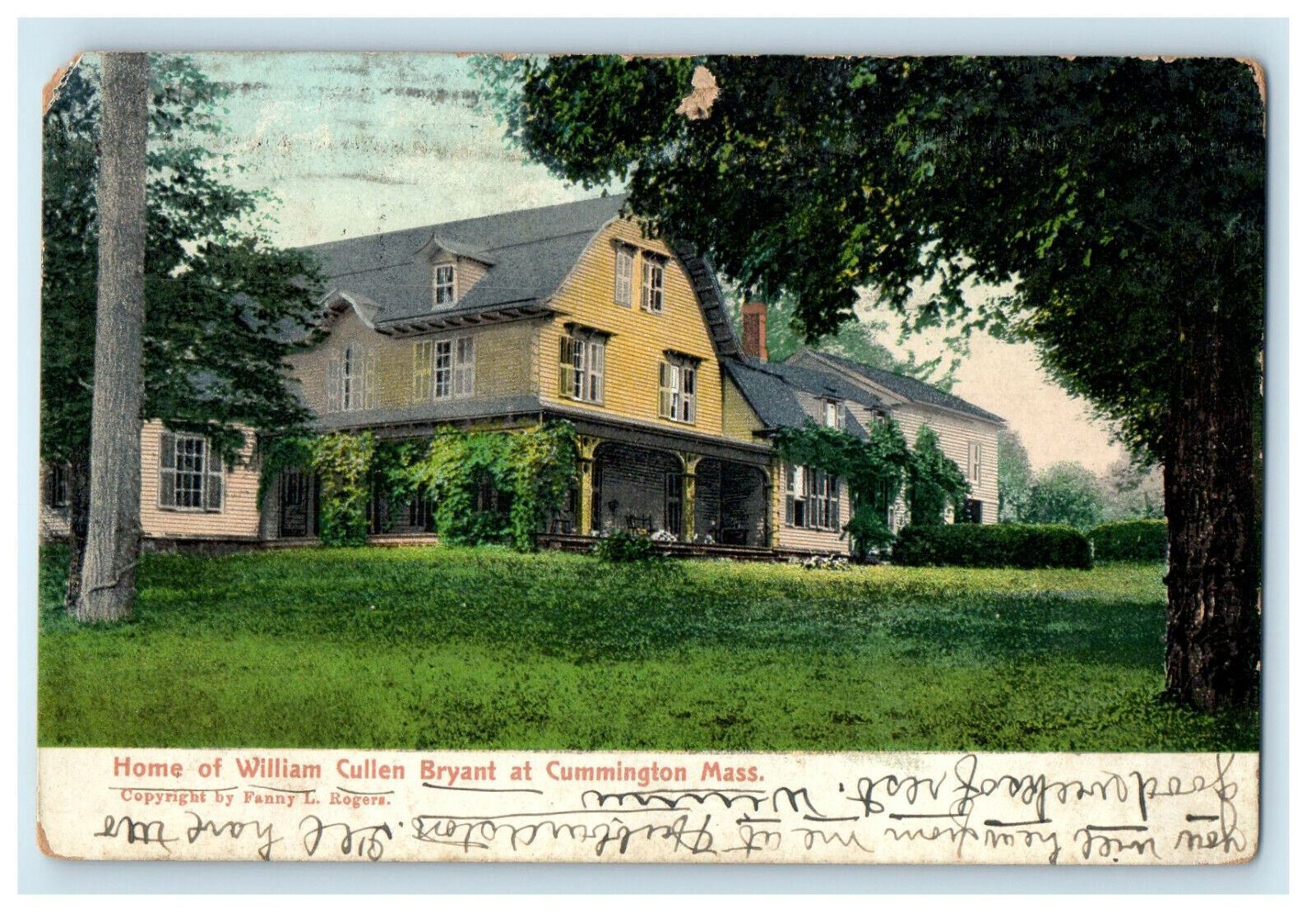 1908 Home of William Cullen Bryant, Cummington Massachusetts MA Cancel Postcard