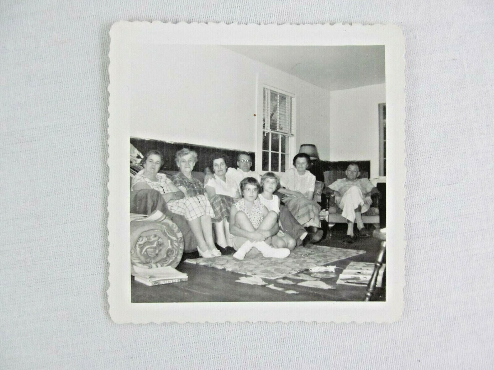 Vintage Black & White Snapshot Family Man Woman Child Sofa Chair B&W Photograph