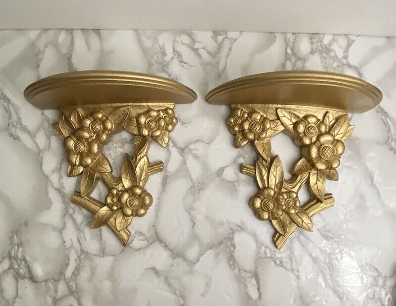 Vintage Pair of Hand carved Hollywood Regency Wood Sconce Floral Gold Gilding
