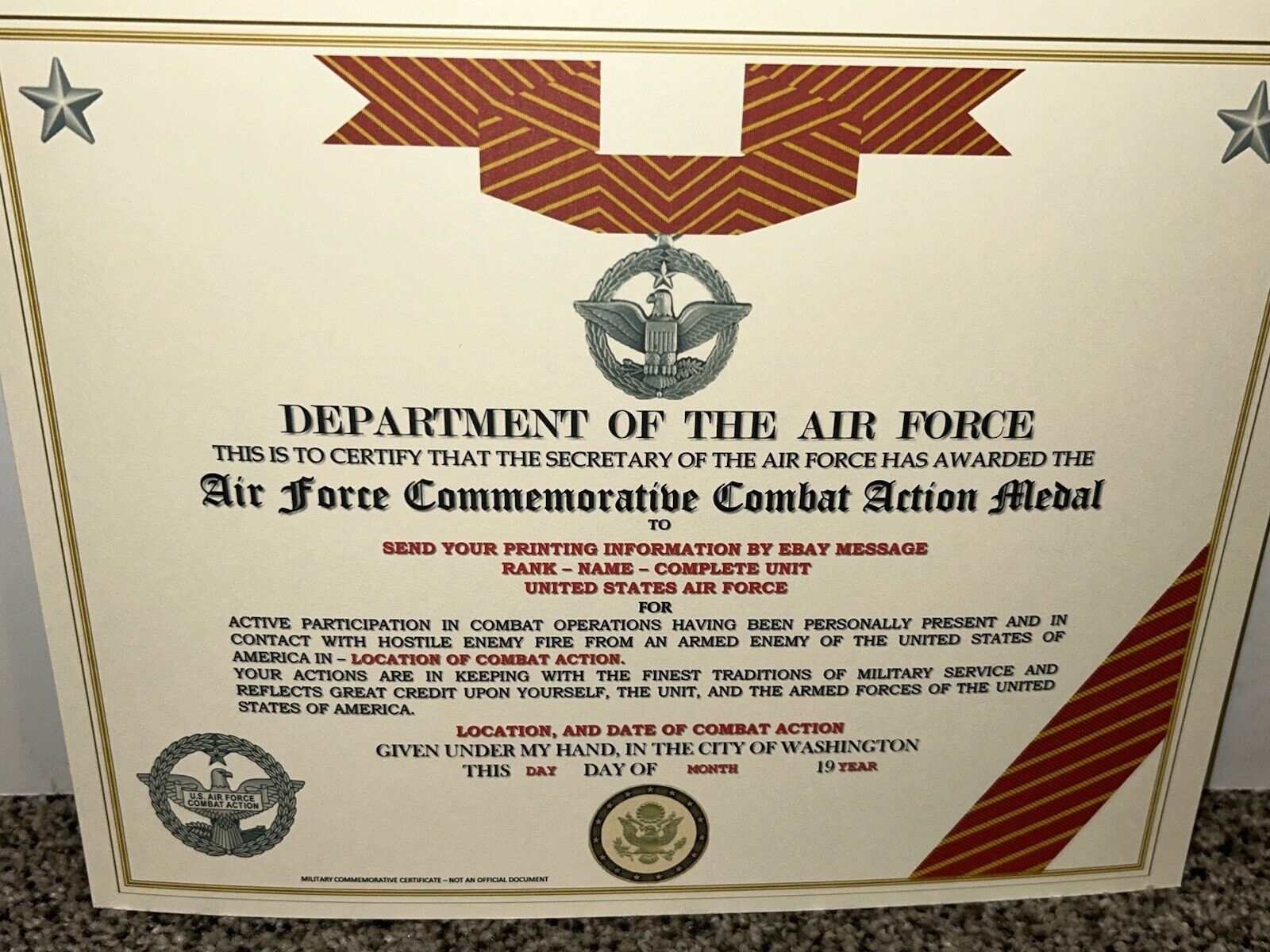 AIR FORCE COMBAT ACTION MEDAL COMMEMORATIVE CERTIFICATE ~ TYPE-2 / W/PRINTING