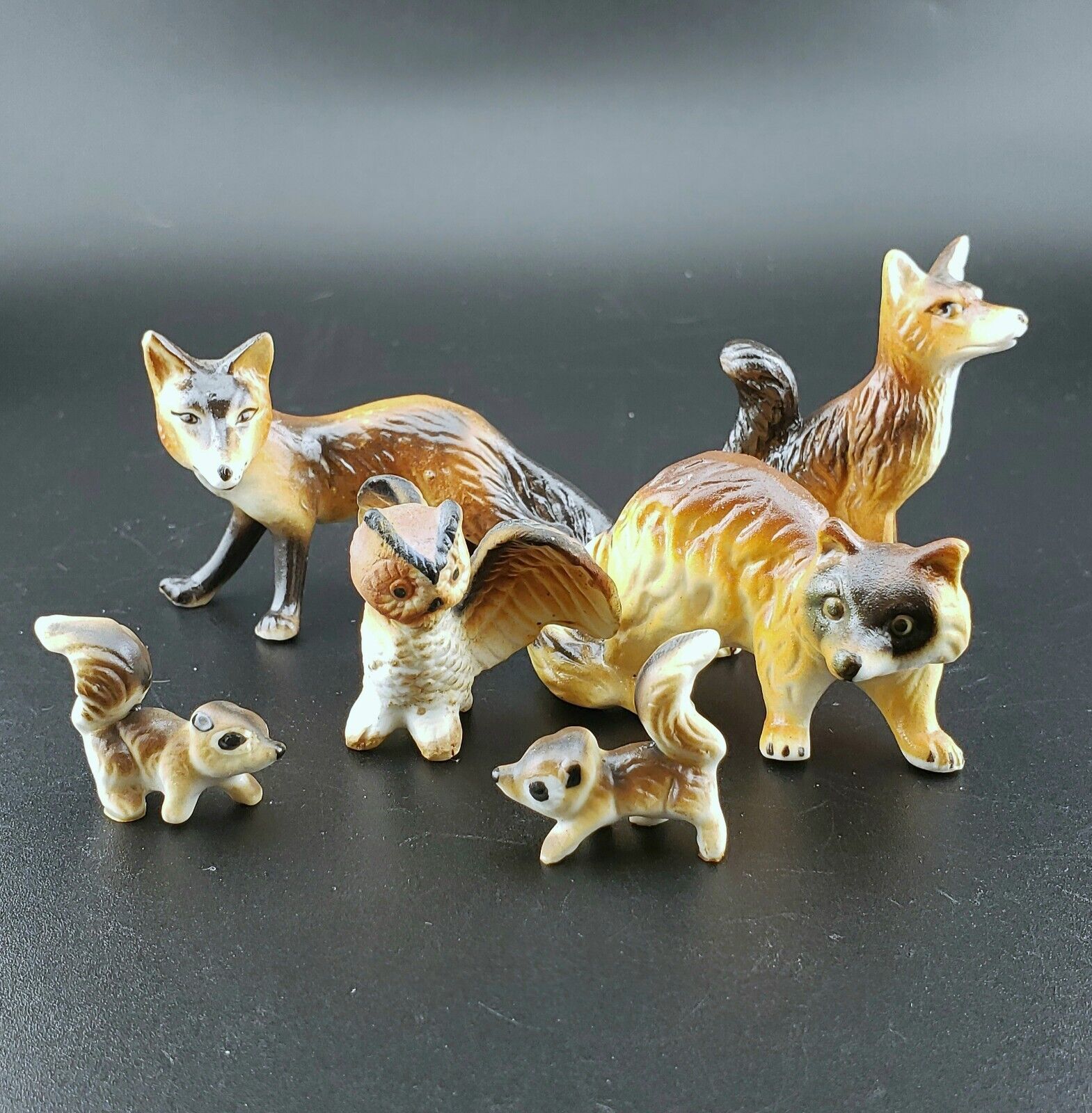 Bone China Vintage Forest Wilderness Lot Of 6 Racoon Squirrel Fox Owl