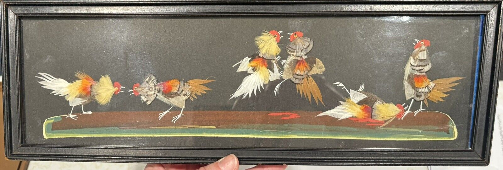 Folk Art Rooster Cock Fight Framed Picture Real Feathers And Painting Vintage