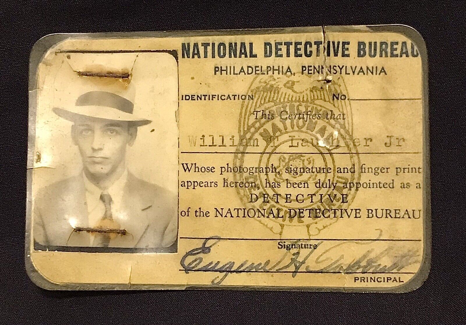 VINTAGE OBSOLETE National Detective Bureau Philadelphia PA Photo ID Card