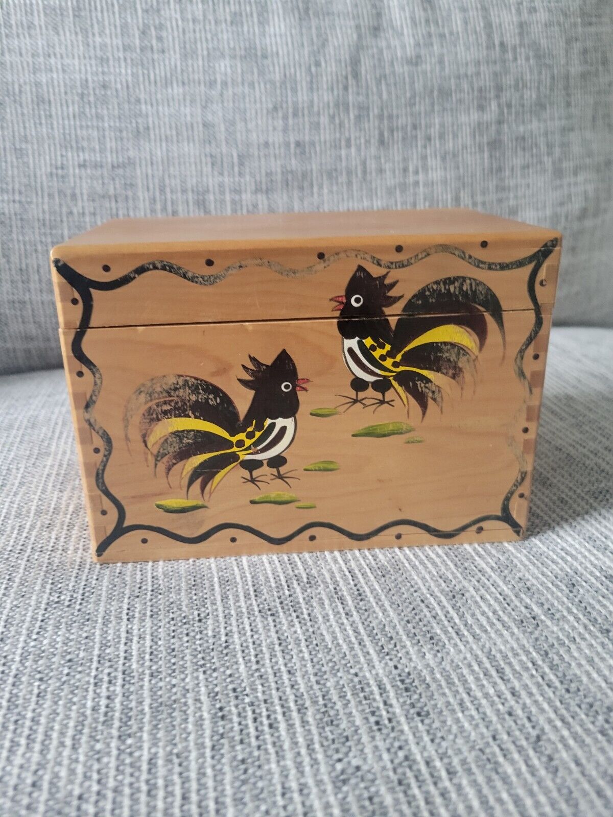 Vintage Wooden Recipe Box Roosters Hand Painted