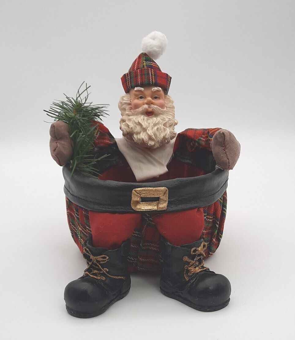 Santa Clause VTG Dangle Feet & Belly Candy Basket Red Green Plaid Resin Head 4in