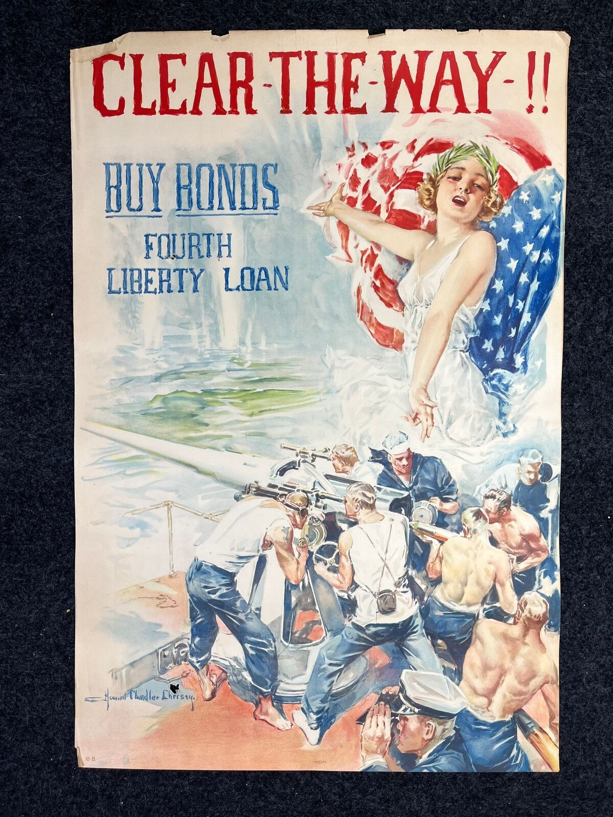 Original WW1 Clear The Way - Lady Columbia - Liberty Bonds Poster - 1917 World 