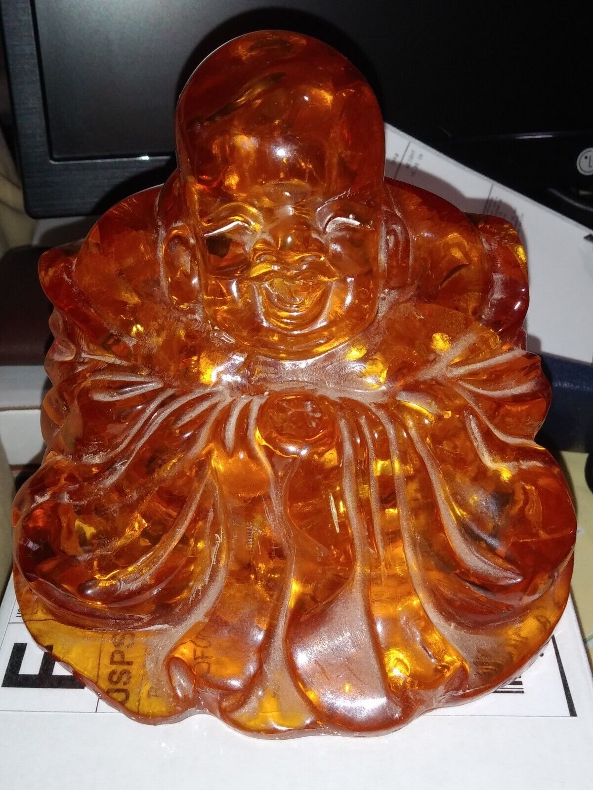 Large Heavy Reconstituted Antique Amber Seated Buddha Statue *Glows From Within*