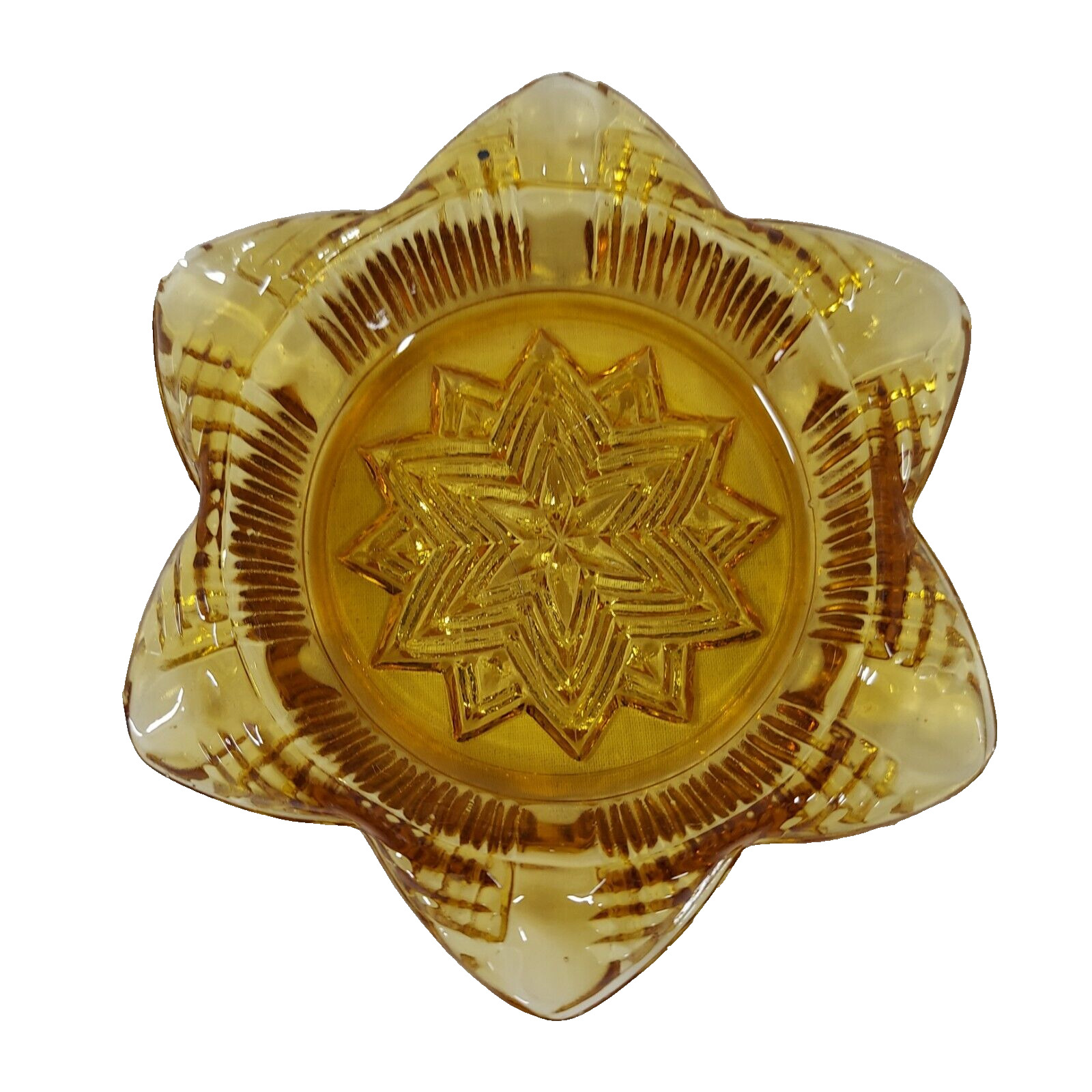 Snowflake Star 6 Petal Amber Yellow Orange Pressed Glass Ash Tray MCM Retro VTG
