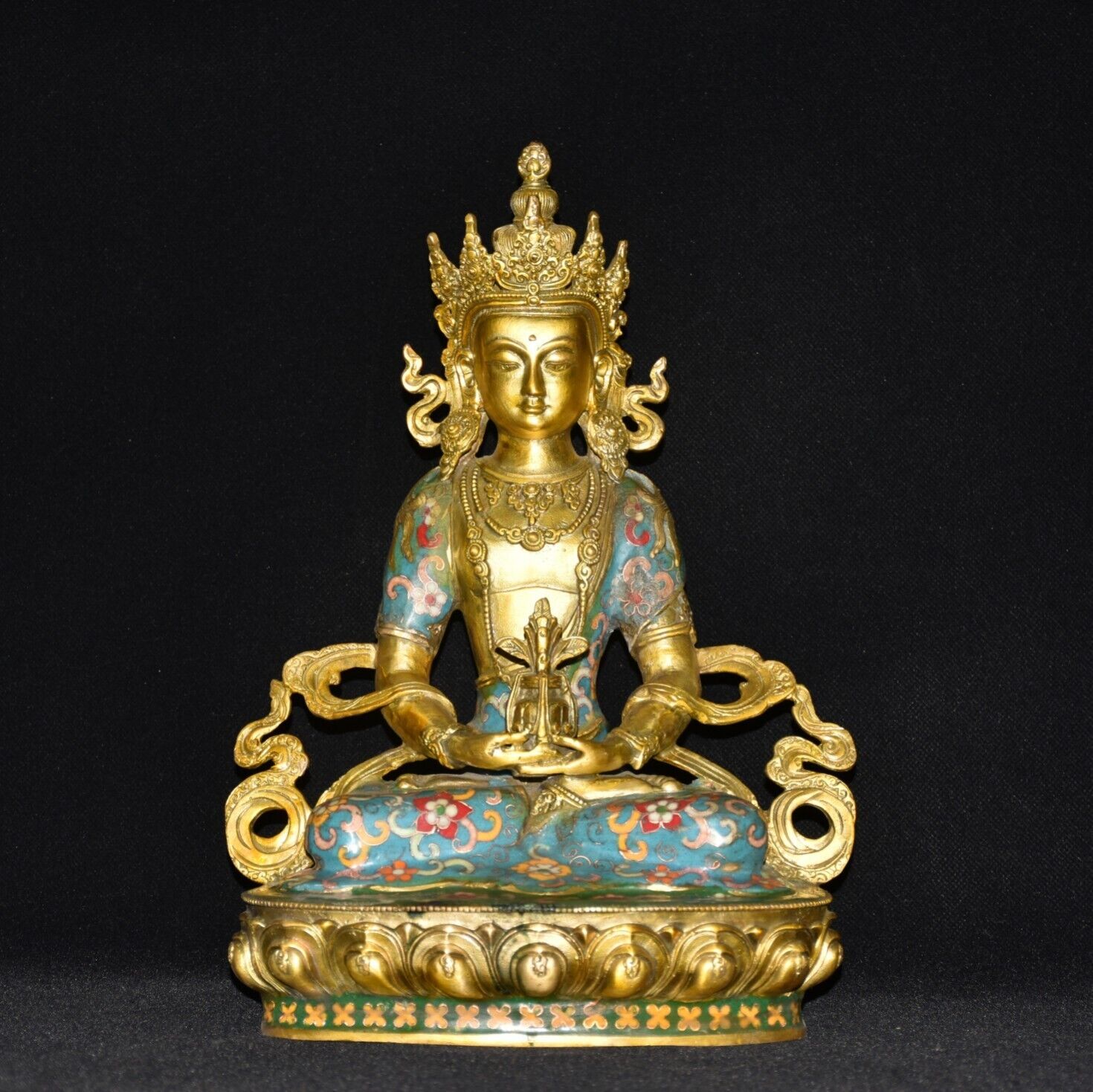 30cm Exquisite copper Cloisonne enamel Amitayus gilt longevity buddha big statue
