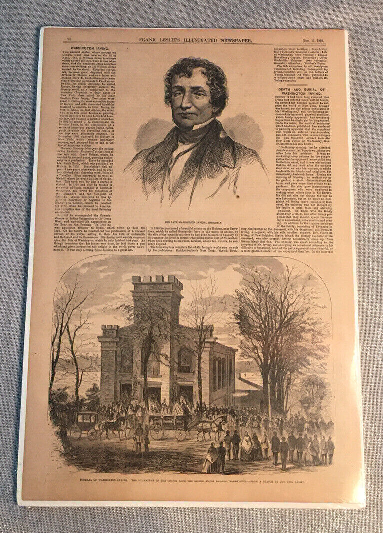 Authentic December 17th 1859 Obituary For Washington Irving Engraving Must-See