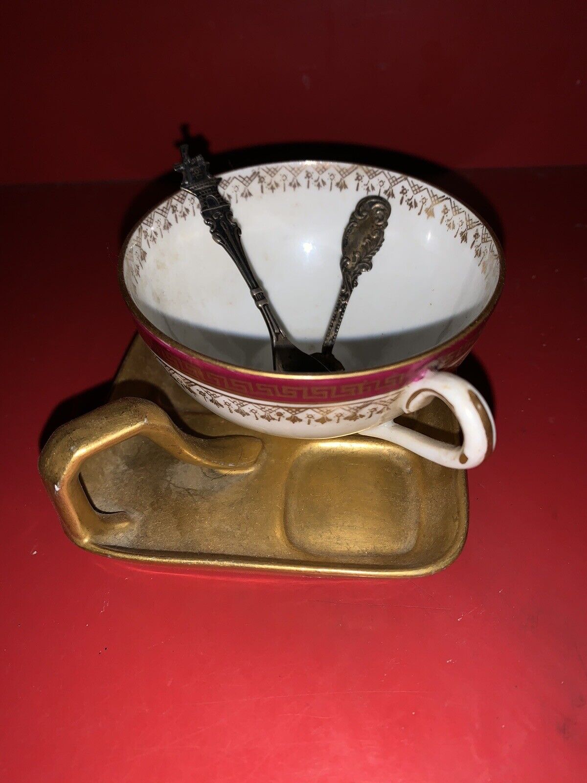 Antique PL Limoges Teacup & Handled Saucer & Sterling Spoons