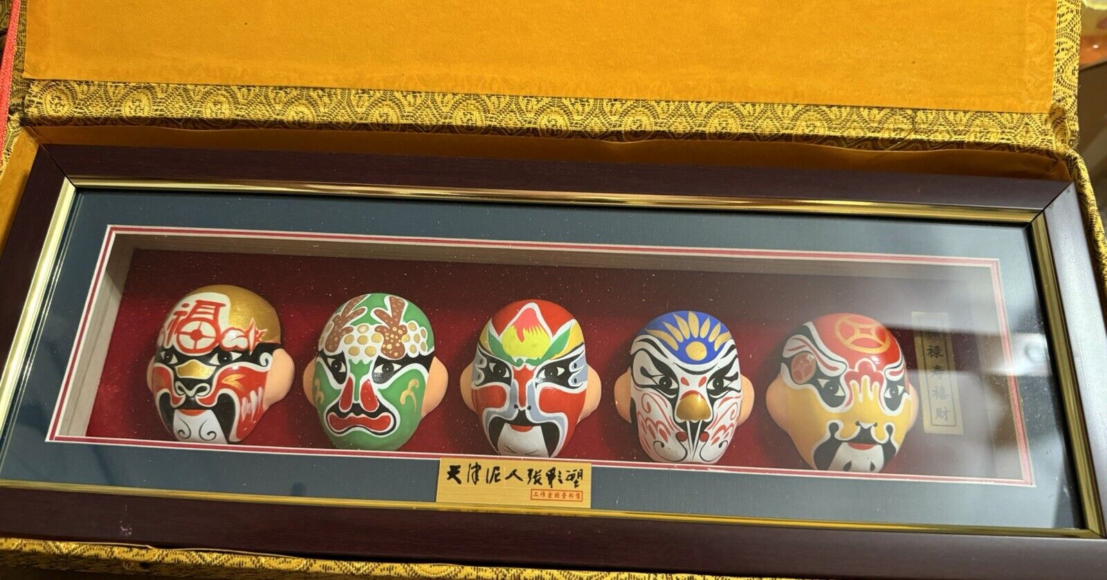 Vintage 5  Chinese Opera Miniature hand painted masks in shadowbox- W/ Decor Box