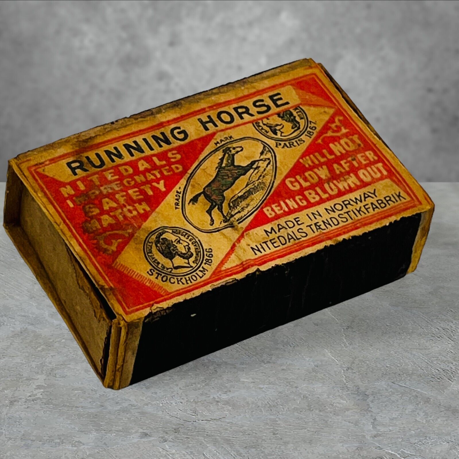 Vintage Nitedals Norway Safety Matchbox Running Horse Antique Label Impregnated