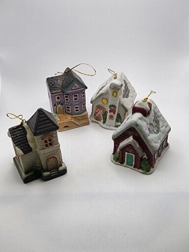 1992 Lot of 4 Victorian Light Cover Ornaments (2) Cottage Style Houses (2) Bells