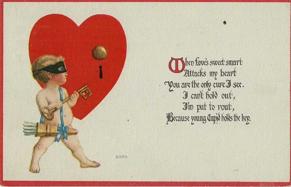 Valentine\'s Day postcard Cupid Holds the Key S. Bergman 1913 mailed