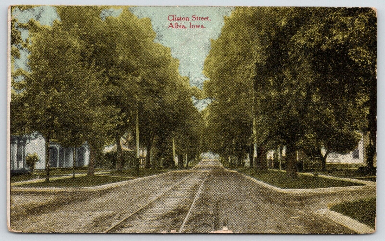 Albia Iowa~Trolley Tracks Through Clinton Street~Homes Both Sides~1913 Postcard