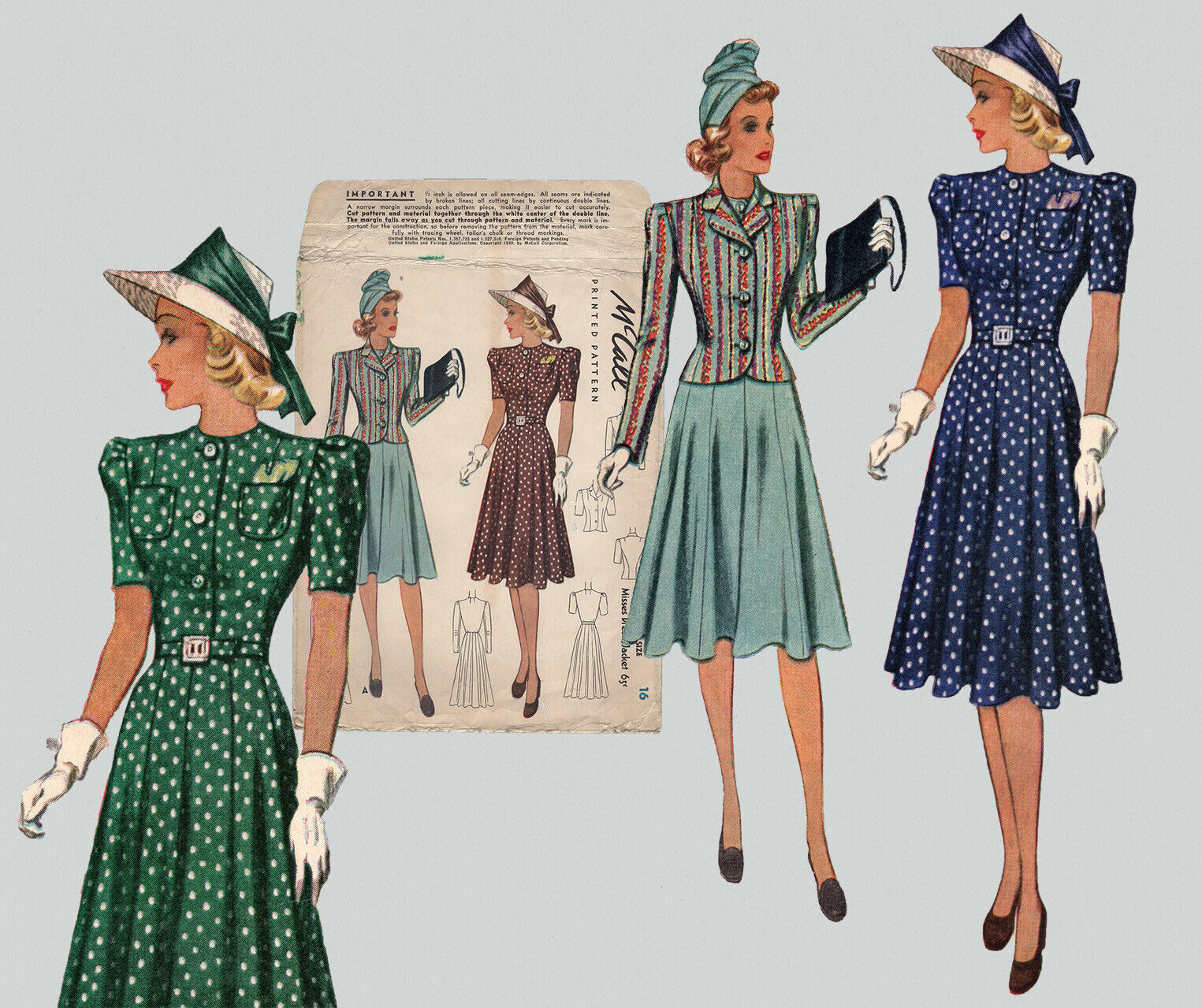 Vtg 40s Sewing Pattern McCall 3592 Swing WWII Era Day Dress w Jacket B 34
