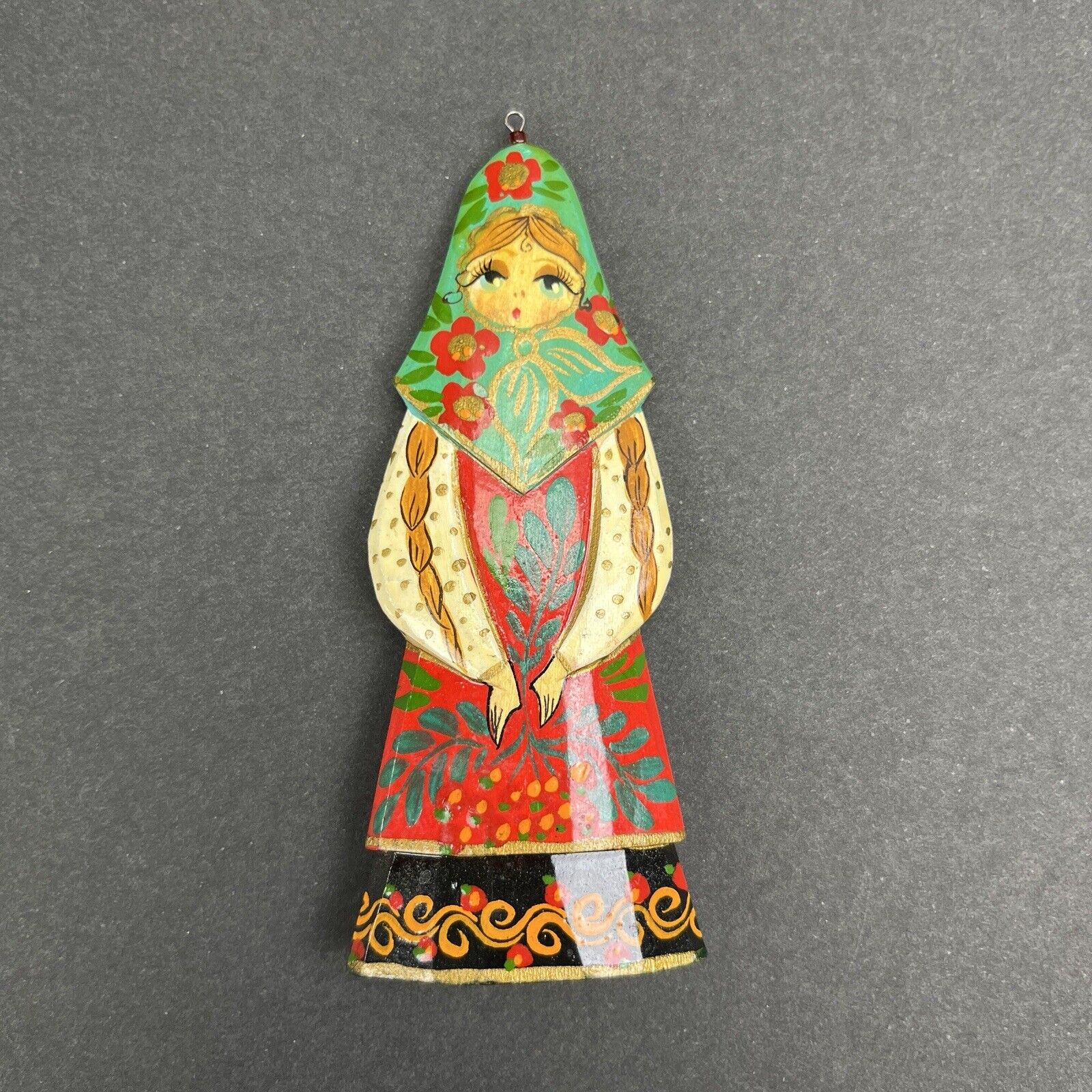 Vintage Russian Doll Christmas Ornament Hand Carved Painted Wood SIGNED 4.5”