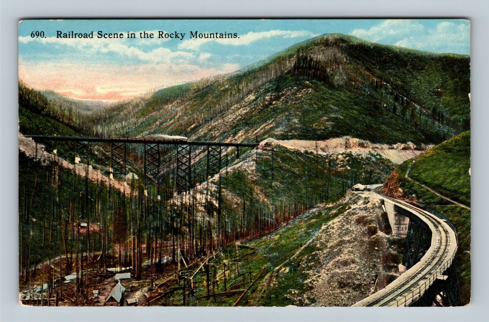 Railroad Scene In The Rocky Mountains, Trail, Railroad, Vintage Postcard
