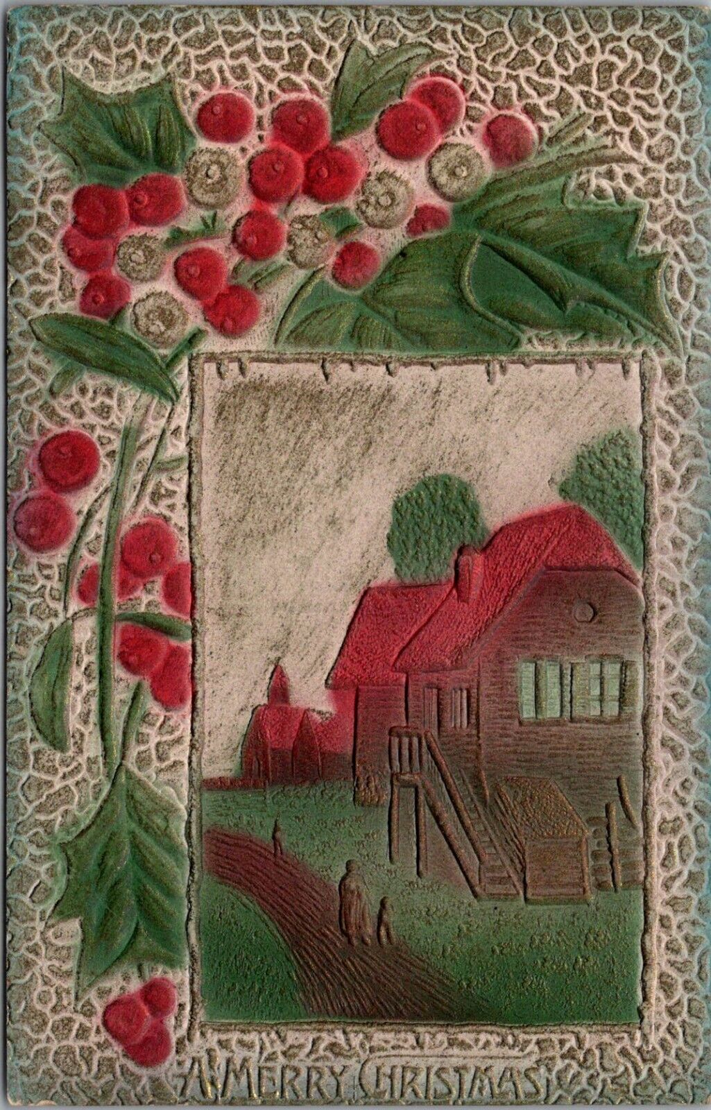 Merry Christmas Postcard Church Home Mother Children Walk Holly Embossed 1922