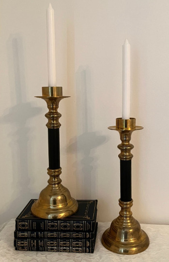 Pair of Vintage Large Brass Candleholders with Chunky Bases, Black and Gold
