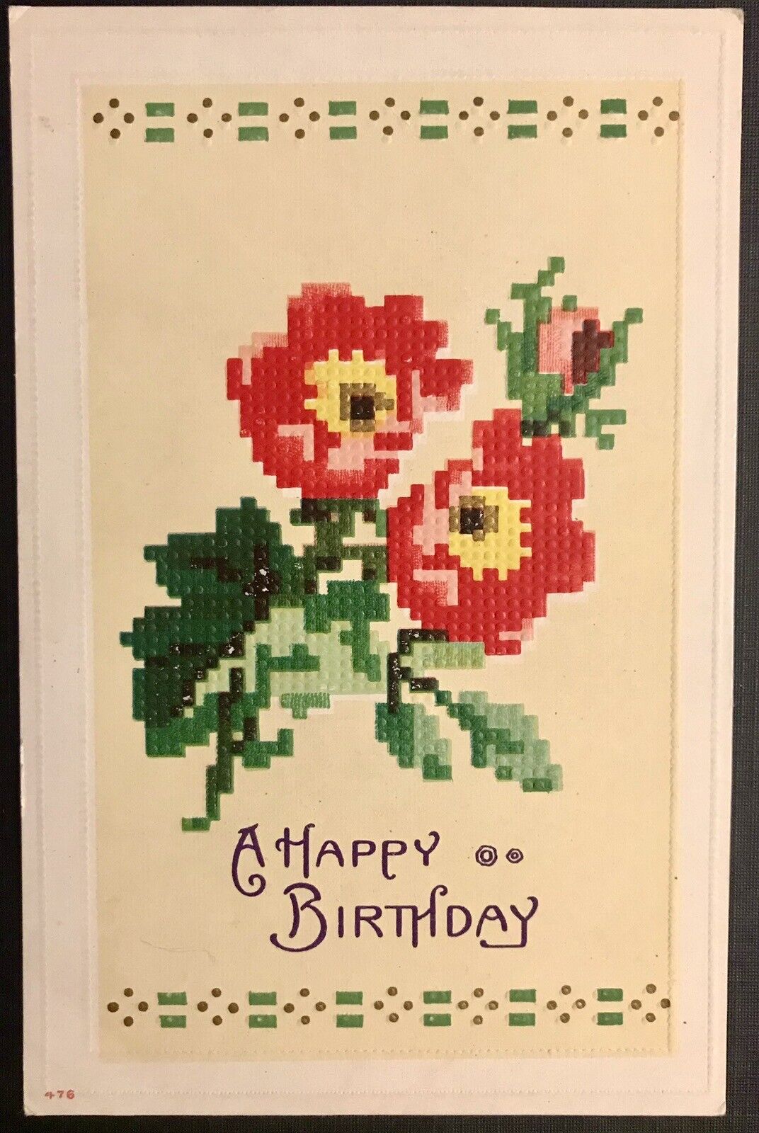 Antique Postcard A Happy Birthday Cross Stiched Looking Flowers