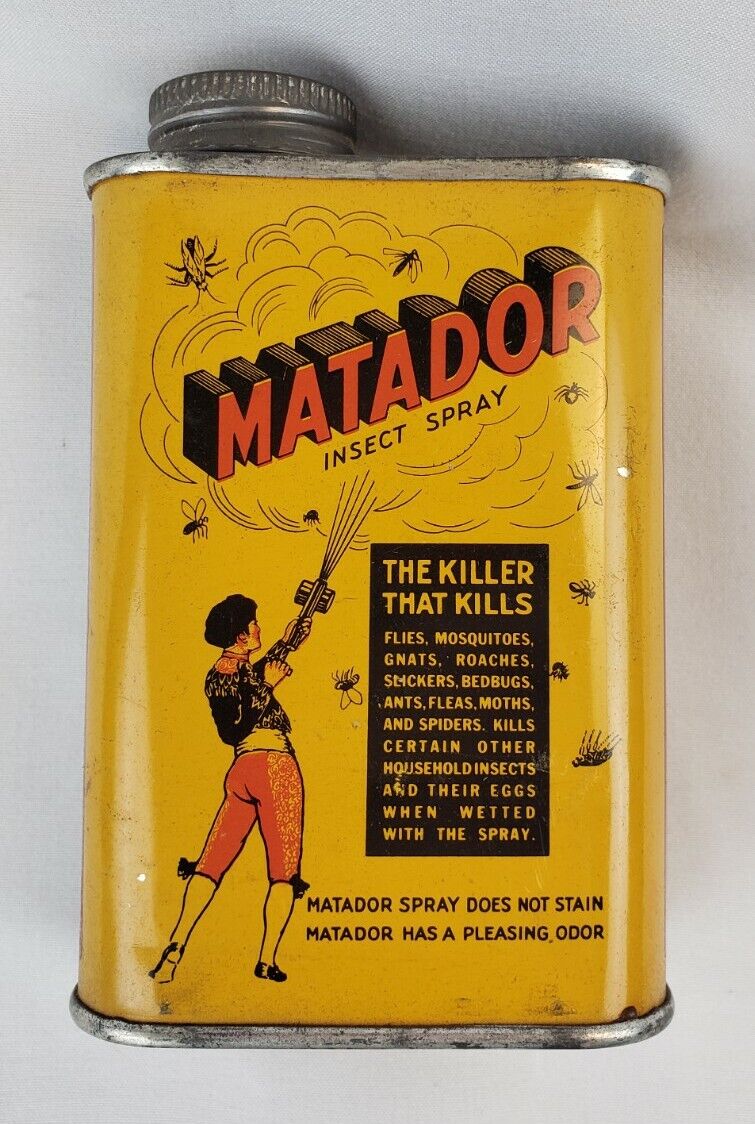 Rare Vintage Matador Insect Spray Poison Metal Advertising Tin Litho Can EMPTY
