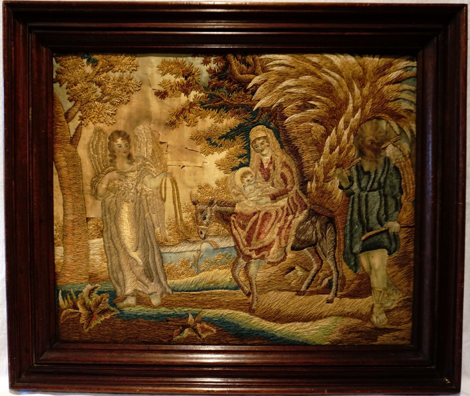 EARLY 19TH CENTURY NEEDLEWORK OF THE HOLY FAMILY'S FLIGHT INTO EGYPT - c.1830