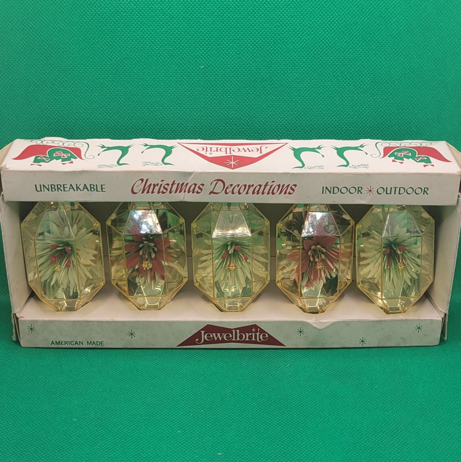(5) Vintage 1960s Jewel Brite Hex Diorama Ornaments Plastic Original Box