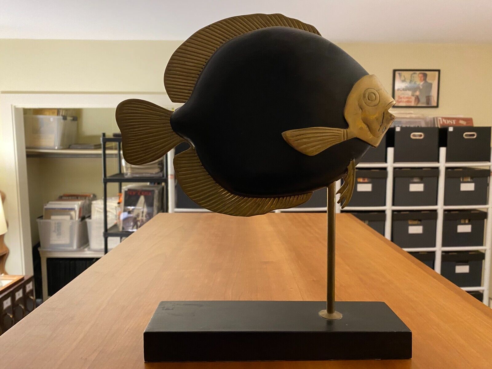 Vintage Frederick F. Cooper Brass & Black Lacquered Wood Tang Fish Sculpture
