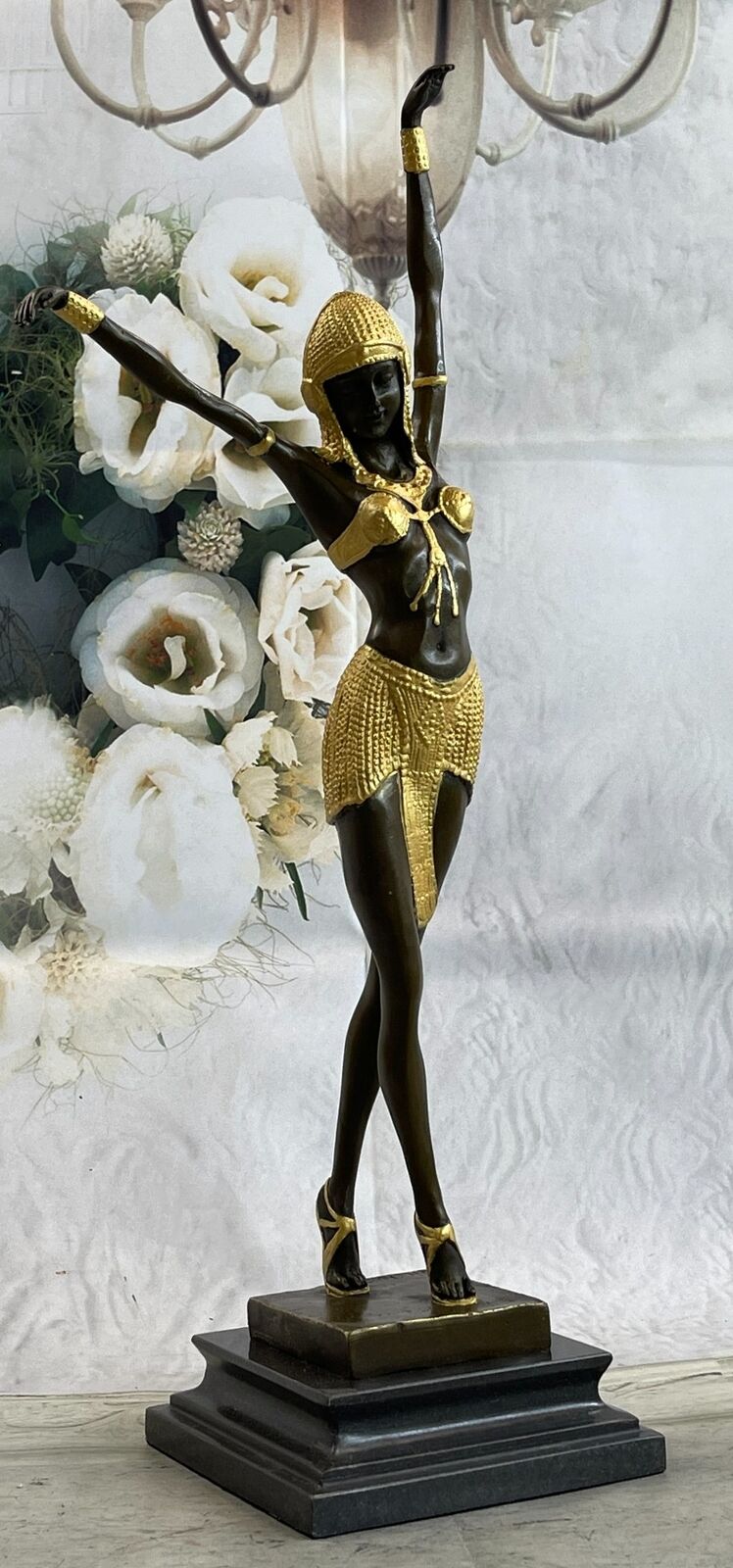 Signed Gold Patina Tall Chiparus Lady Bronze Sculpture on Marble Base Figure Art