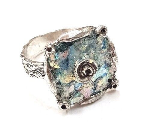 Roman Glass Ring Sterling Silver 925 Square Ancient Fragment 200 BC Bluish Size7