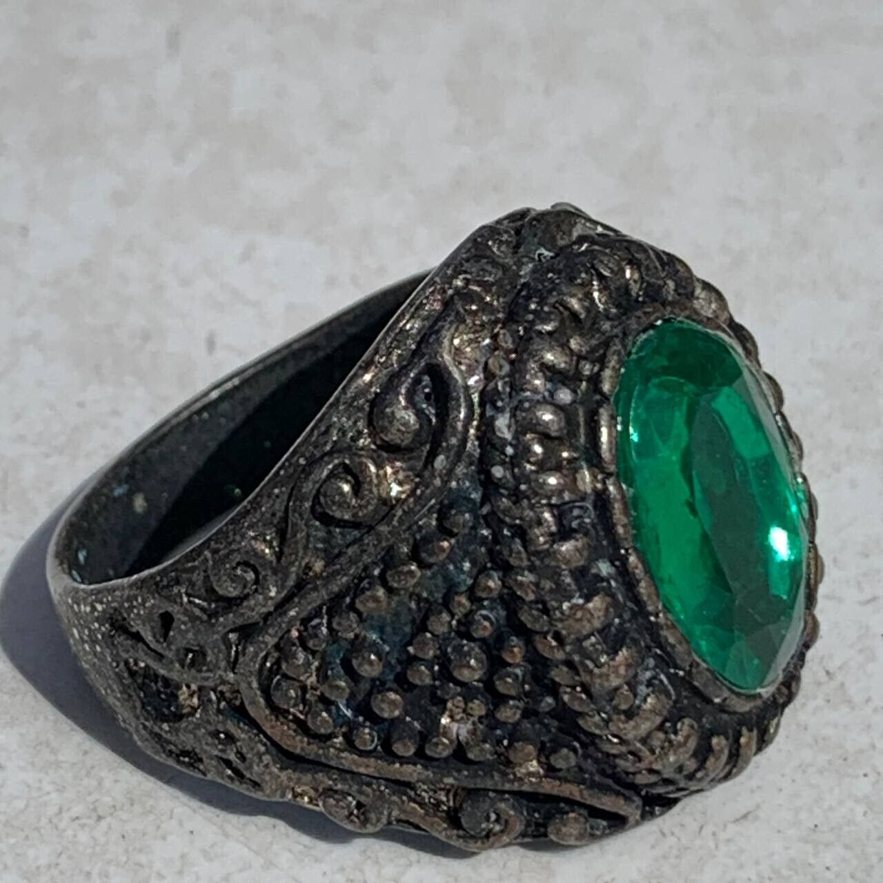 VERY RARE ANCIENT SILVER VIKING RING WITH GREEN STONE AMAZING ARTIFACT AUTHENTIC
