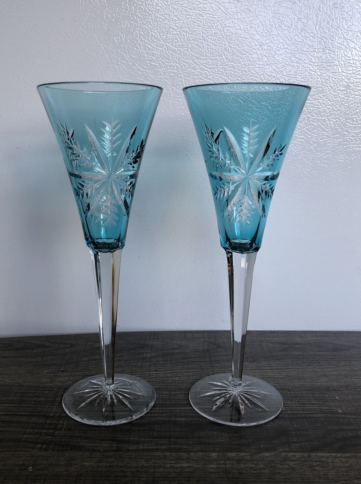 WATERFORD-2 Aqua Snow Crystals Champagne Flutes Waterford Crystal Toasting Glass