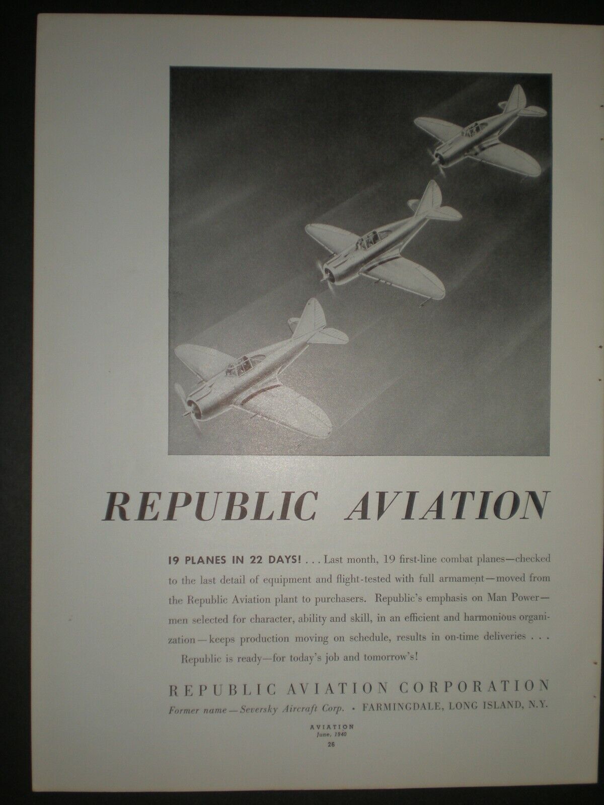 1940 REPUBLIC AVIATION FIGHTER PLANE vintage AIRPLANE  WWII Trade print ad