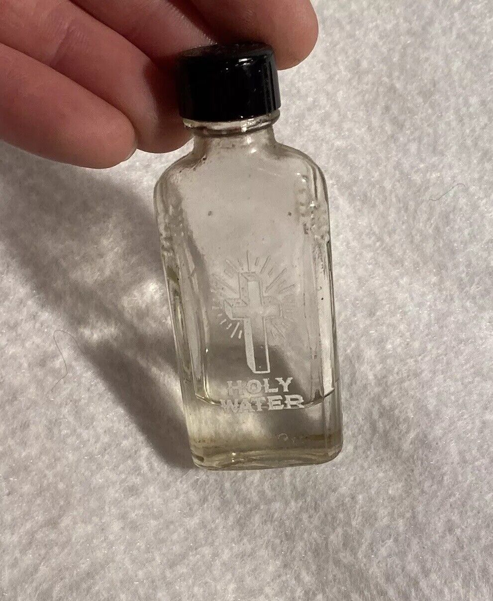 VINTAGE GLASS HOLY WATER BOTTLE  CROSS WITH Cracked CAP CATHOLIC