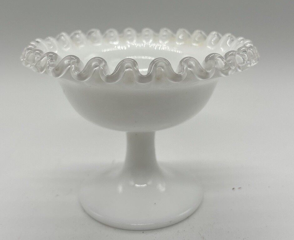 Vintage Fenton White Milk Glass Pedestal Compote/Candy Dish Ruffled Edges