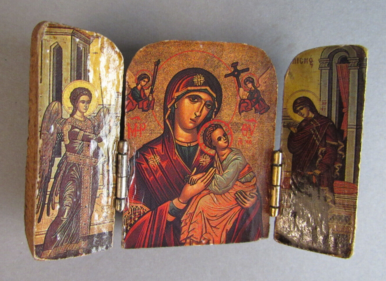 Vintage Virgin Mary, Angel, Saint Orthodox Christian Mini Carved Wooden Triptych
