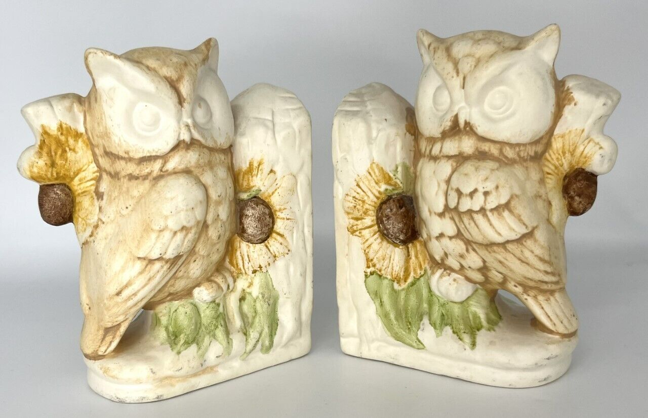 Vintage Pair of Yellow Ceramic Owl & Sunflower Bookends Japan