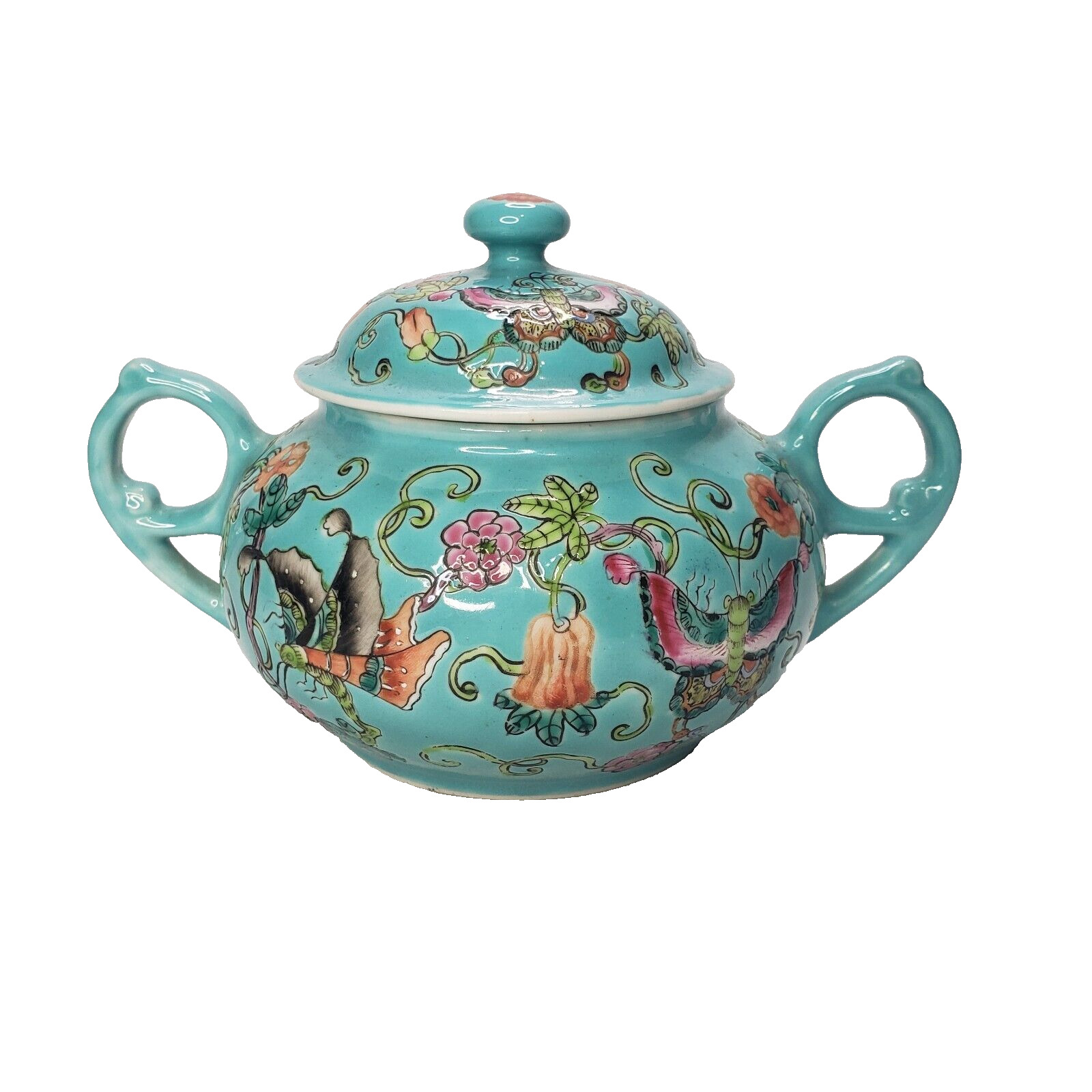 Antique Chinese FAMILLE ROSE Porcelain Sugar Bowl Motif on a Turquoise Ground