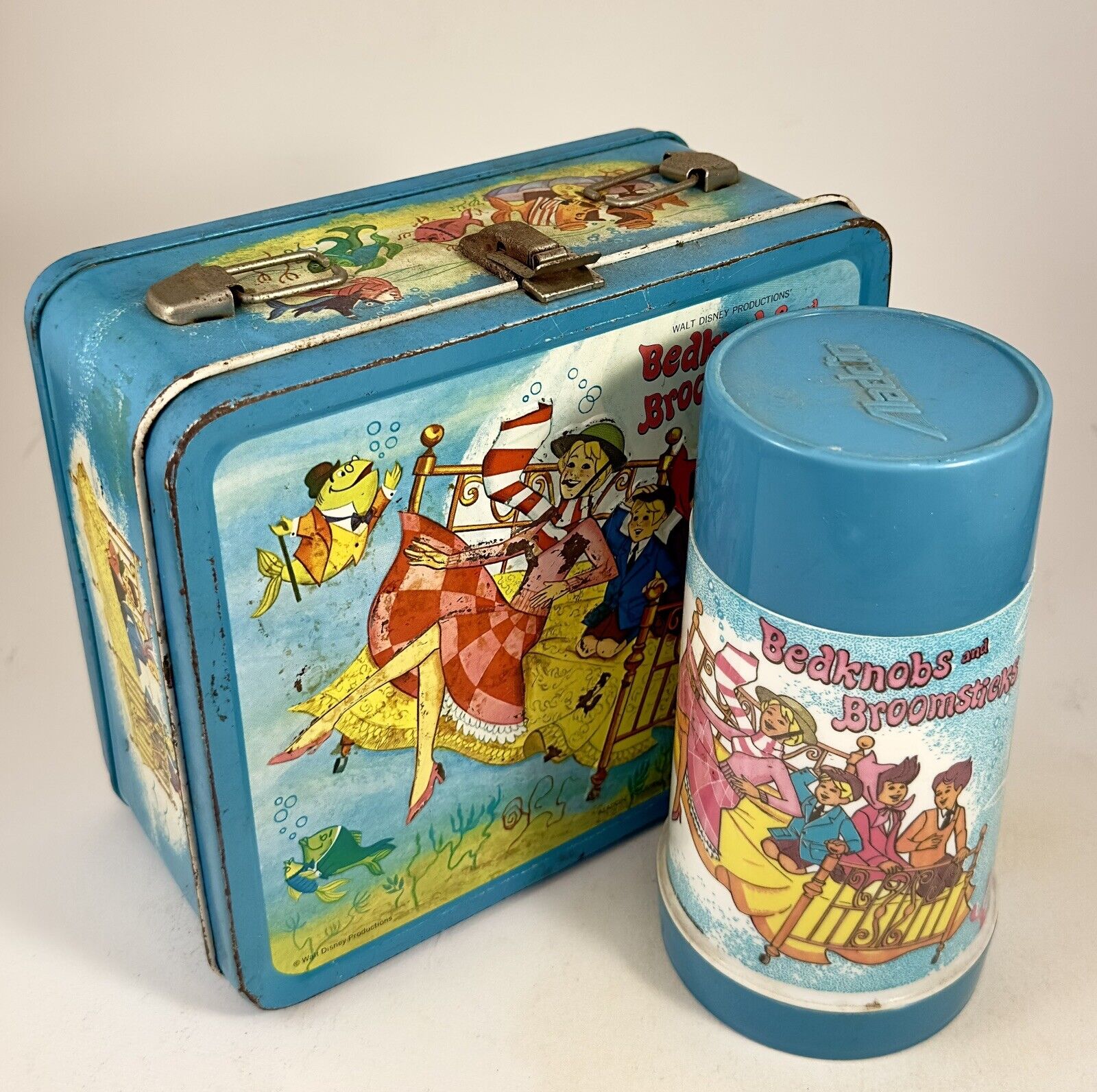 Vintage Walt Disney Bedknobs and Broomsticks Metal Aladdin Lunchbox and Thermos