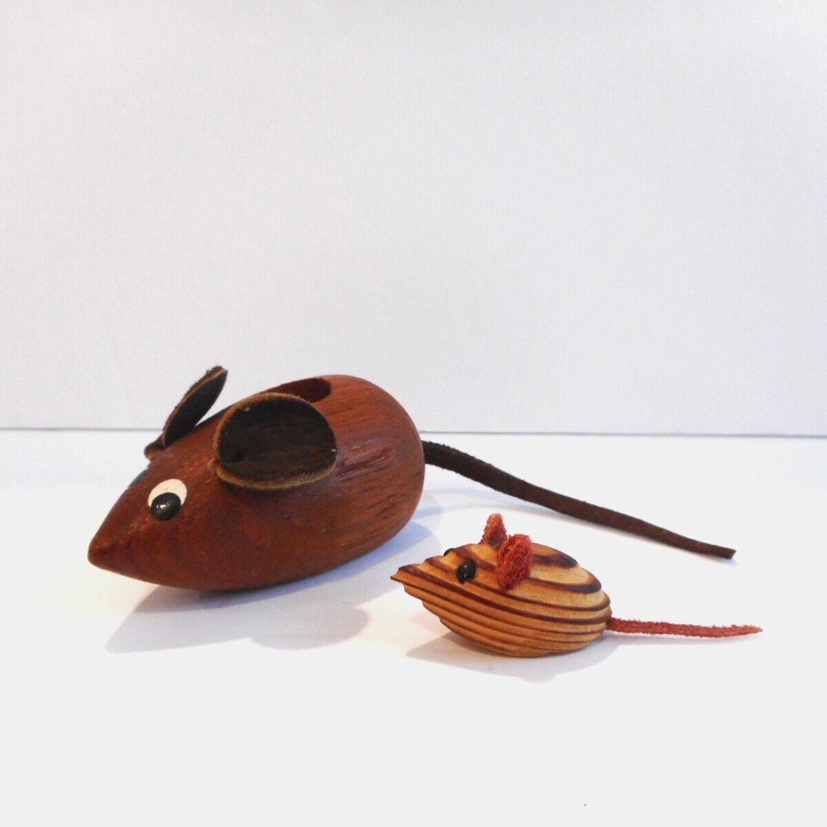 Vintage MCM Teak Wood Mouse Figurine Candle Holder & Mini Mouse Made in Denmark