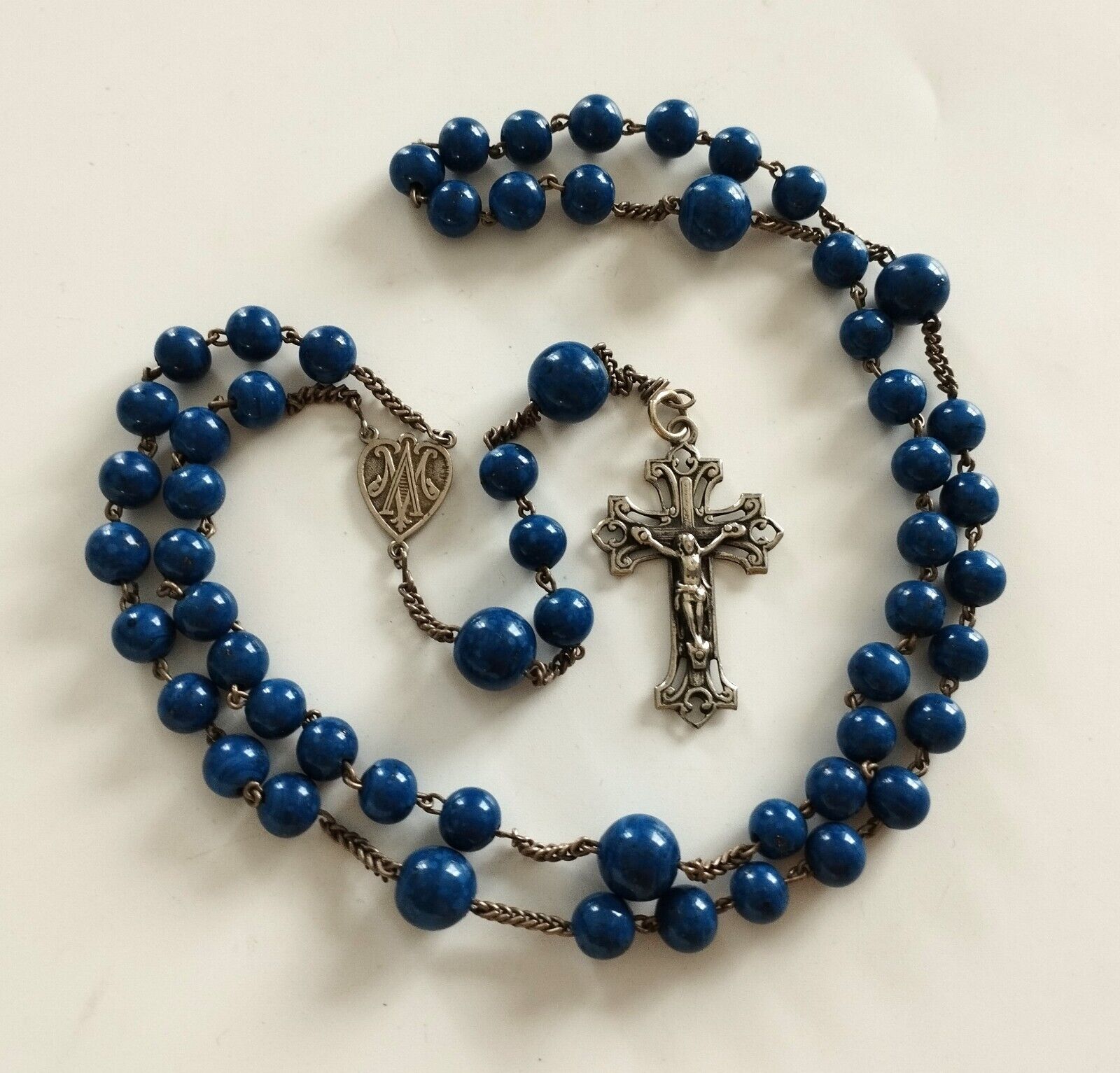 Mama-Estelle Antique Long Rosary 59 Chunky Beads Glass Blue Mottled Golden