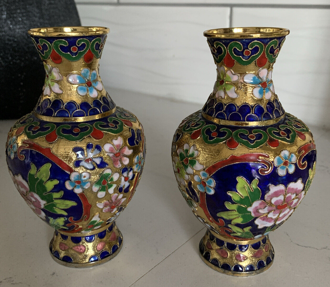 Vintage Cloisonné Enamel Vases 6 “ Pair