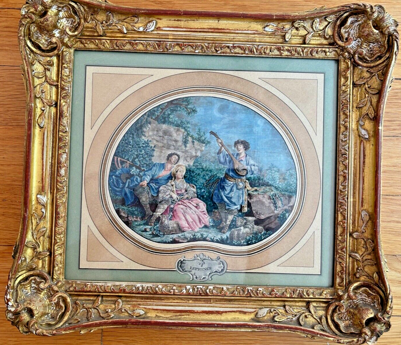 antique 19th c. gold frame print LE PRINCE gilded gilt gesso leaf picture mirror
