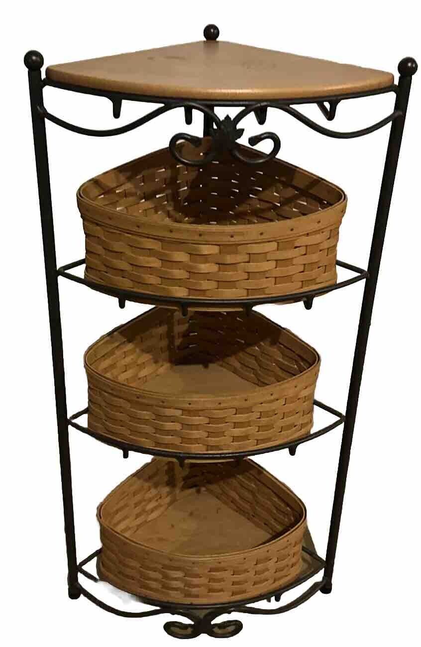 Longaberger  2002 Large Corner Rod Iron Basket Display 3 Baskets 1 Wooden Shelf