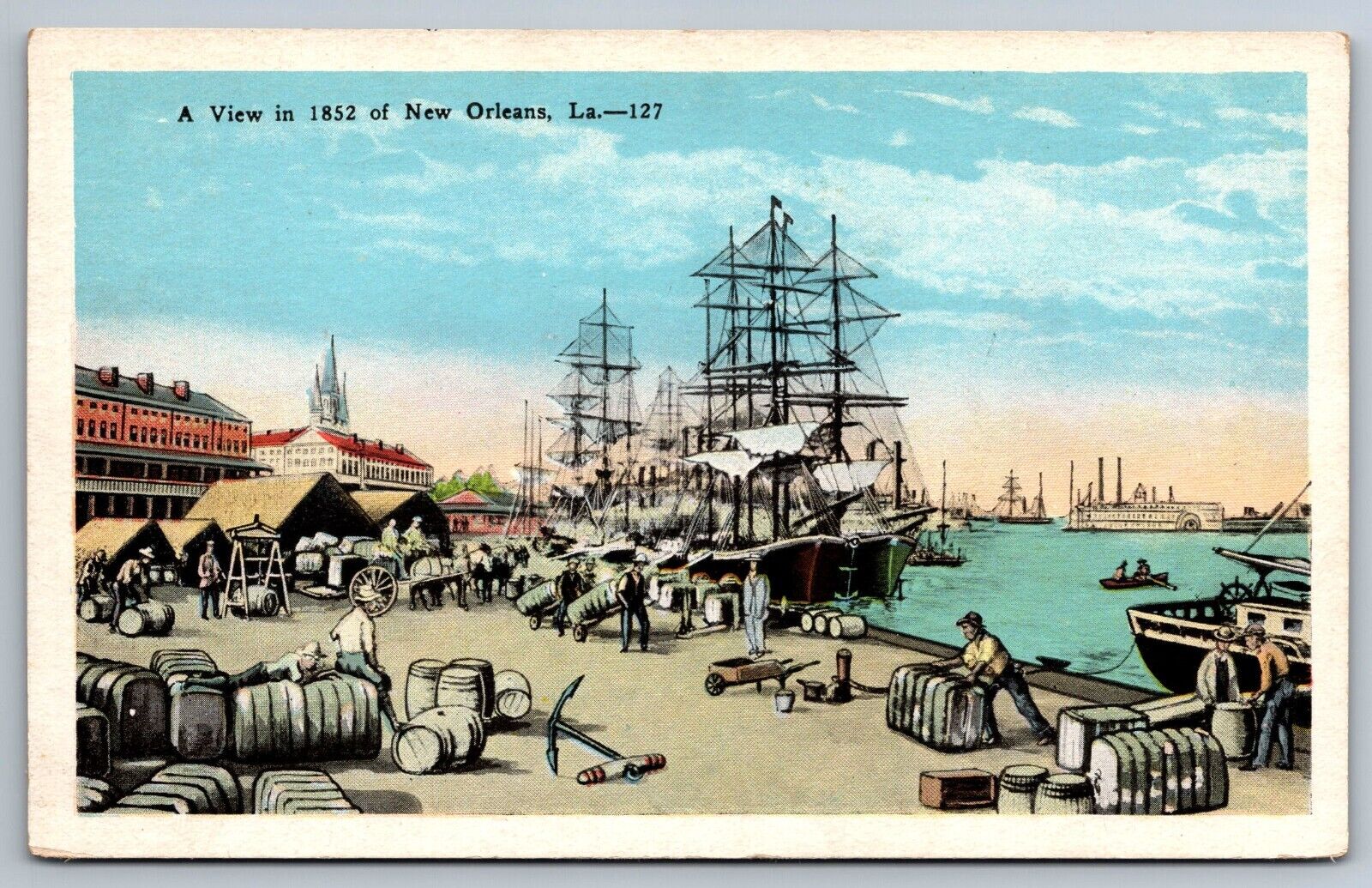 View in 1852 New Orleans waterfront Louisiana white border Postcard