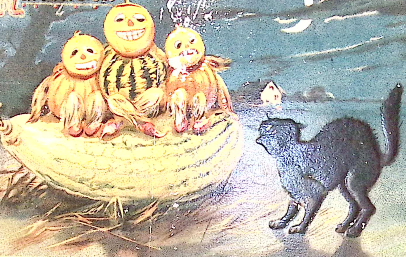 1909 Tuck Halloween Postcard 150 Black Cat Hisses at Anthropomorphic Gourds