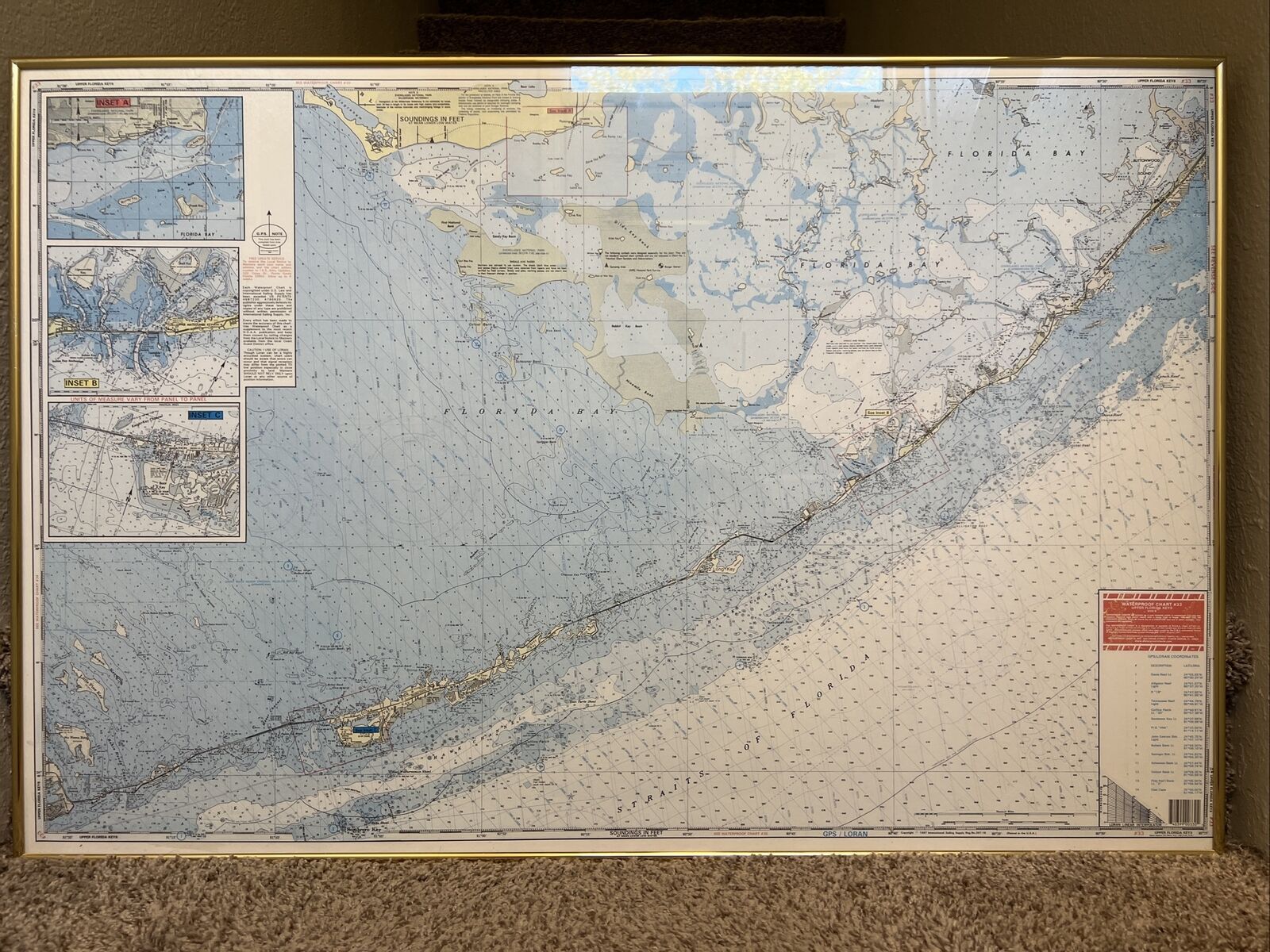 Upper Florida Keys Navigation Waterproof Chart #33 Aluminum Frame Plexiglass
