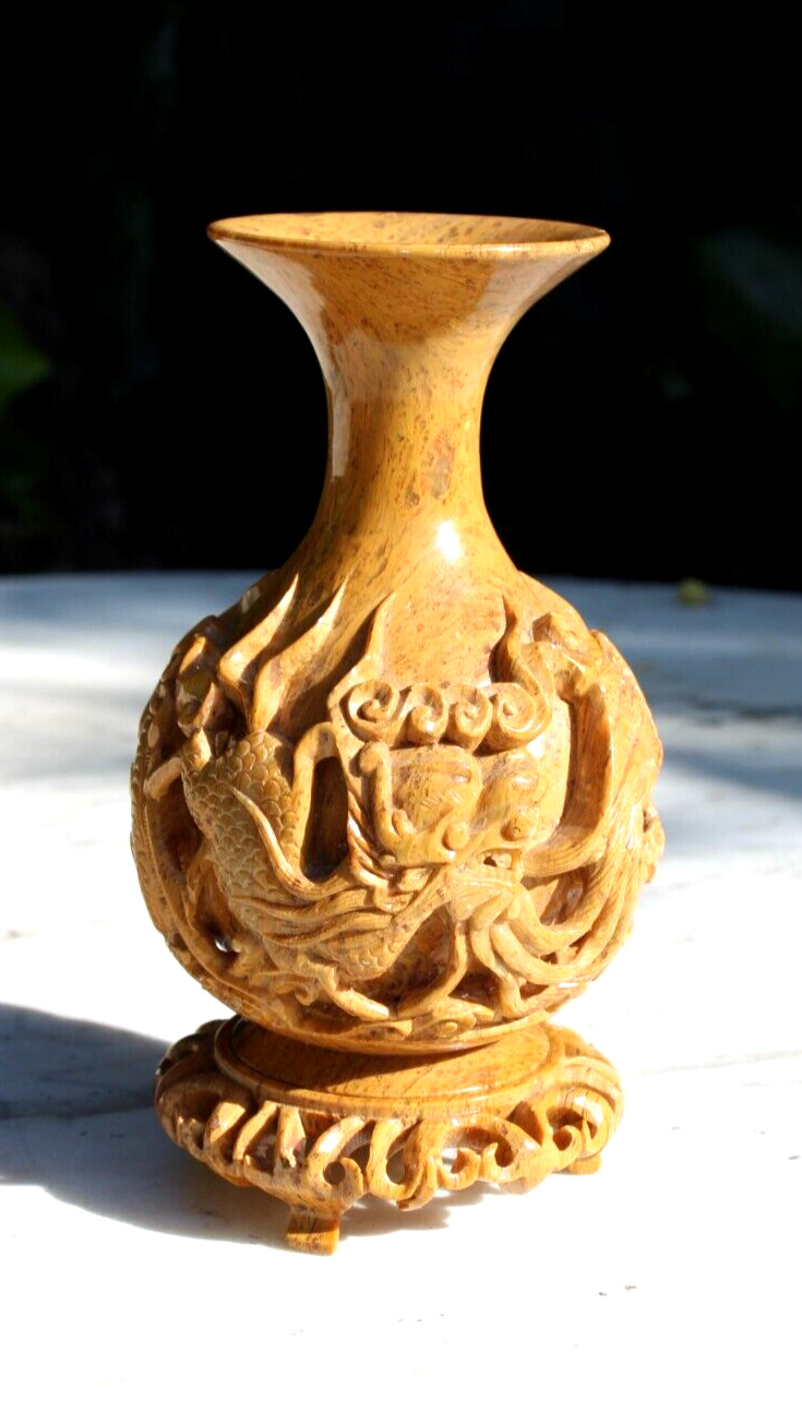 VTG Soapstone Vase Decor Dragon Figures Chinese Rock 3D, Detachable Stand